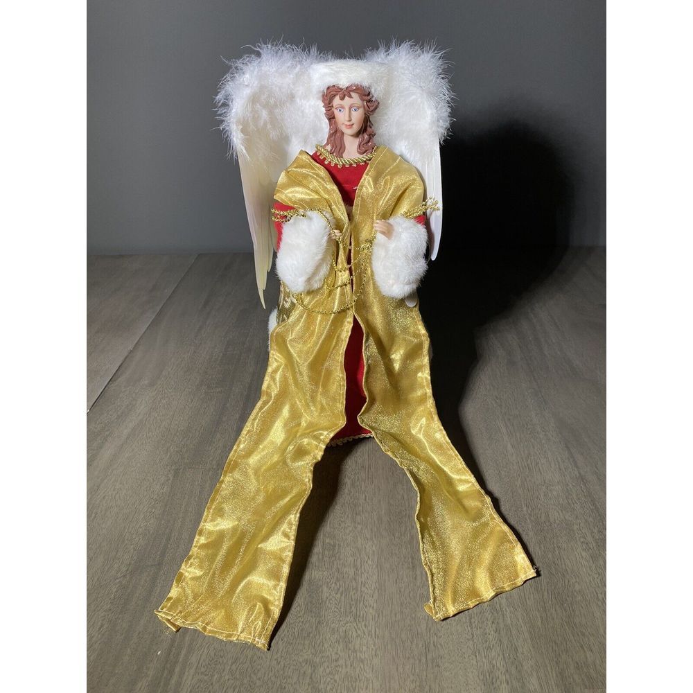 Christmas Angel with Feather Wings Tree Topper or Tabletop 16' Tall Gold and Red